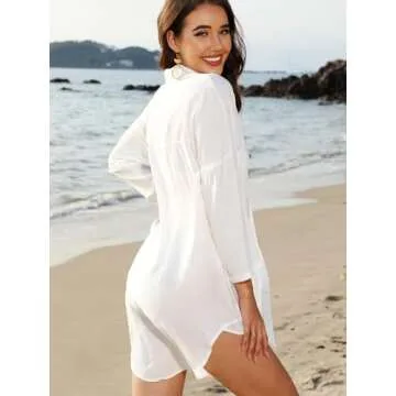 POGTMM Womens Summer Shirt Dress Button Down 3/4 Sleeve Swimsuits Beach Bathing Suit Cover Up (L, White)
