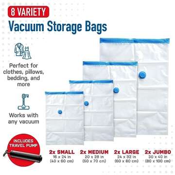 Spacesaver Vacuum Storage Bags - Save 80% Space - Vacuum Sealed for Comforters, Blankets, Bedding, Clothing - Travel Bags with Pump (2 Small, 2 Medium, 2 Large, 2 Jumbo)