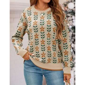 ZESICA Women's Long Sleeve Crewneck Sweater 2025 Fall Printed Cute Oversized Knitted Pullover Tops Trendy Clothes,Apricot,Medium