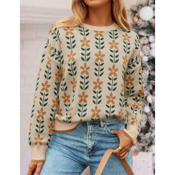 ZESICA Women's Long Sleeve Crewneck Sweater 2025 Fall Printed Cute Oversized Knitted Pullover Tops Trendy Clothes,Apricot,Medium