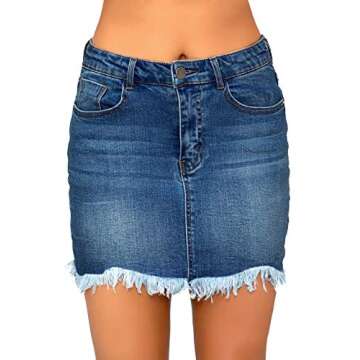 luvamia Women's Casual Mid Waisted Washed Fringed Pockets Denim Jean Short Skirt Nightfall Blue Size...