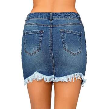 luvamia Women's Casual Mid Waisted Washed Fringed Pockets Denim Jean Short Skirt Nightfall Blue Size Large Size 12 Size 14
