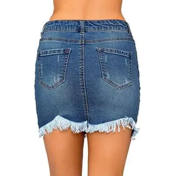 luvamia Women's Casual Mid Waisted Washed Fringed Pockets Denim Jean Short Skirt Nightfall Blue Size Large Size 12 Size 14