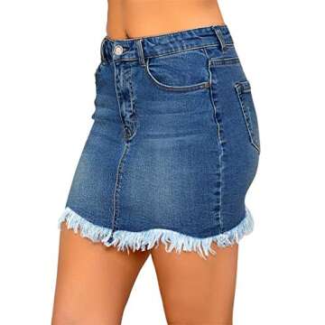 luvamia Women's Casual Mid Waisted Washed Fringed Pockets Denim Jean Short Skirt Nightfall Blue Size Large Size 12 Size 14