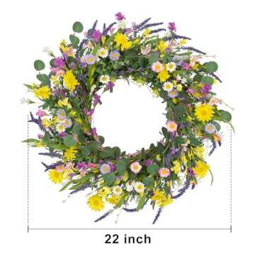 J'FLORU 22 Inch Spring Wreath - Daisy & Lavender Beauty