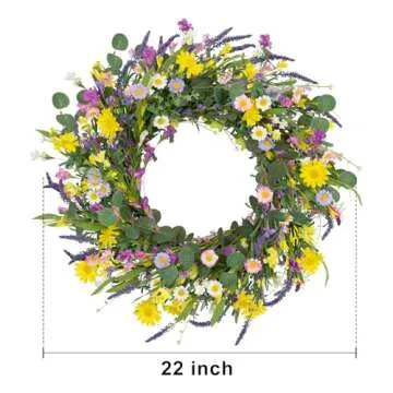 J'FLORU 22 Inch Spring Wreath - Daisy & Lavender Beauty