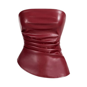 MakeMeChic Women's Faux Leather Strapless Tube Top Asymmetrical Ruched Fitted Bandeau Tops Burgundy ...