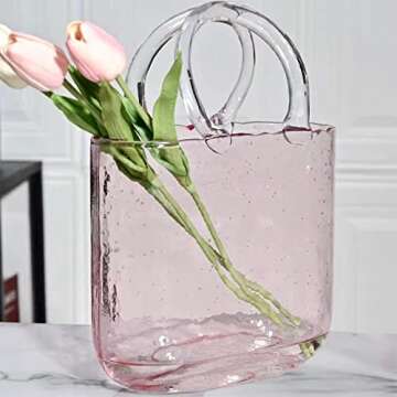 Hewego Glass Purse Vases for Flowers,Hand Blown Pink Vase with Bubbles in It,Pink Flower Vases with Handles,Multifunction Glass Vase for Home Décor/Bedroom/Office Acent(Pink Color)