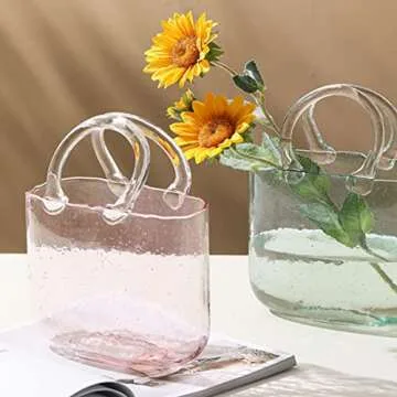 Hewego Glass Purse Vases for Flowers,Hand Blown Pink Vase with Bubbles in It,Pink Flower Vases with Handles,Multifunction Glass Vase for Home Décor/Bedroom/Office Acent(Pink Color)