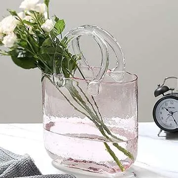 Hewego Glass Purse Vases for Flowers,Hand Blown Pink Vase with Bubbles in It,Pink Flower Vases with Handles,Multifunction Glass Vase for Home Décor/Bedroom/Office Acent(Pink Color)