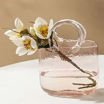 Hewego Glass Purse Vases for Flowers,Hand Blown Pink Vase with Bubbles in It,Pink Flower Vases with Handles,Multifunction Glass Vase for Home Décor/Bedroom/Office Acent(Pink Color)