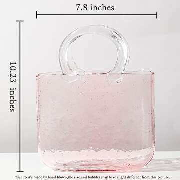 Hewego Glass Purse Vases for Flowers,Hand Blown Pink Vase with Bubbles in It,Pink Flower Vases with Handles,Multifunction Glass Vase for Home Décor/Bedroom/Office Acent(Pink Color)