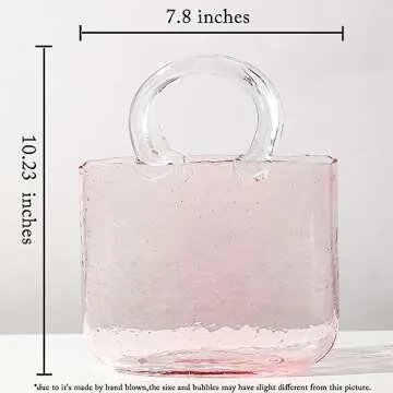 Hewego Glass Purse Vases for Flowers,Hand Blown Pink Vase with Bubbles in It,Pink Flower Vases with Handles,Multifunction Glass Vase for Home Décor/Bedroom/Office Acent(Pink Color)