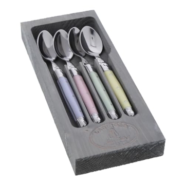 Jean Dubost Laguiole 4-Piece Coffee/Dessert Spoons - Elegant Pastel Handles with Wooden Tray - Rust-...