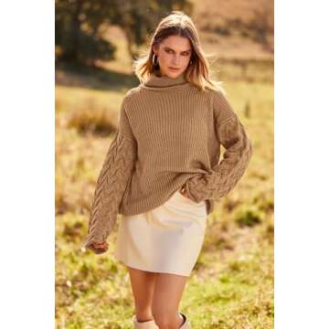 PRETTYGARDEN Womens 2024 Fall Fashion Pullover Sweaters Turtleneck Long Sleeve Cable Knit Sweater Casual Chunky Jumper Tops (Khaki,Large)