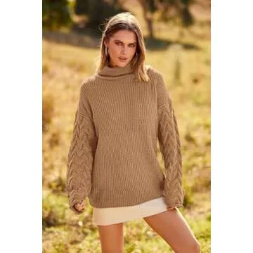 PRETTYGARDEN Womens 2024 Fall Fashion Pullover Sweaters Turtleneck Long Sleeve Cable Knit Sweater Casual Chunky Jumper Tops (Khaki,Large)