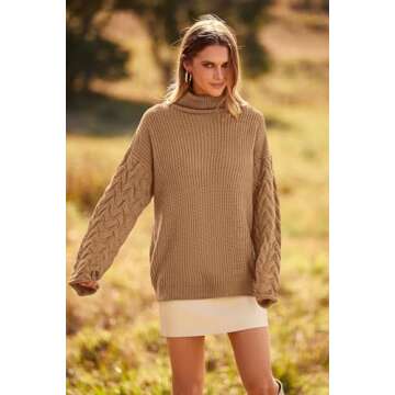 PRETTYGARDEN Womens 2024 Fall Fashion Pullover Sweaters Turtleneck Long Sleeve Cable Knit Sweater Casual Chunky Jumper Tops (Khaki,Large)