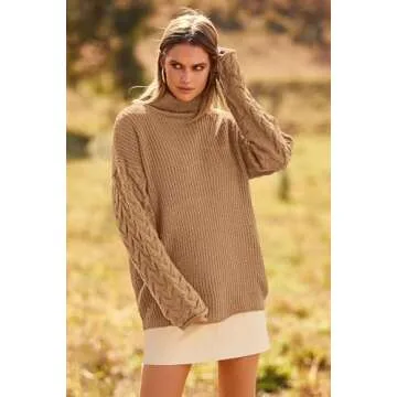 PRETTYGARDEN Womens 2024 Fall Fashion Pullover Sweaters Turtleneck Long Sleeve Cable Knit Sweater Casual Chunky Jumper Tops (Khaki,Large)