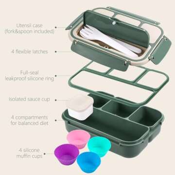 Bento Box Adult Lunch Box for Men Women, Bento Lunch Box for Kids Boys Girls School, Lunch Containers for Adults with 4 Compartments, Utensil set, Sauce Container, Muffin Cup, Dark Green
