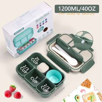 Bento Box Adult Lunch Box for Men Women, Bento Lunch Box for Kids Boys Girls School, Lunch Containers for Adults with 4 Compartments, Utensil set, Sauce Container, Muffin Cup, Dark Green