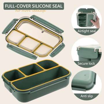 Bento Box Adult Lunch Box for Men Women, Bento Lunch Box for Kids Boys Girls School, Lunch Containers for Adults with 4 Compartments, Utensil set, Sauce Container, Muffin Cup, Dark Green