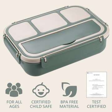 Bento Box Adult Lunch Box for Men Women, Bento Lunch Box for Kids Boys Girls School, Lunch Containers for Adults with 4 Compartments, Utensil set, Sauce Container, Muffin Cup, Dark Green