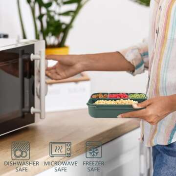 Bento Box Adult Lunch Box for Men Women, Bento Lunch Box for Kids Boys Girls School, Lunch Containers for Adults with 4 Compartments, Utensil set, Sauce Container, Muffin Cup, Dark Green