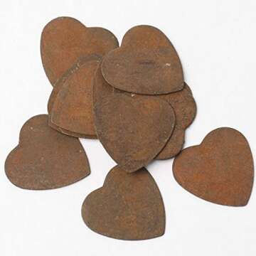 Pack of 36 Rusty Tin Miniature Heart Cutouts - Rusted Metal Heart Shapes for DIY Crafts - Primitive, Rustic Country, Farmhouse DIY Crafts and Decorative Accents (Size: 1" High x 1" Wide)