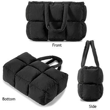Herald Puffer Tote Bag for Women, Large Quilted Puffy Handbag Lightweight Winter Down Padding Lattice Satchel Purse (Black)