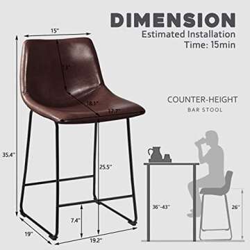 Waleaf 26 inch PU Faux Leather Counter Bar Height Stools with Back, Black Metal Legs Upholstered Mod...