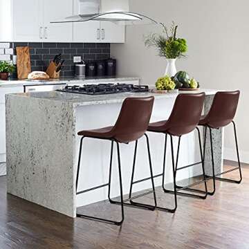 Waleaf 26 inch PU Faux Leather Counter Bar Height Stools with Back, Black Metal Legs Upholstered Modern Armless Stool, Pub Chairs for Dining Room Coffee House Rustic Bar, Set of 2 (Dark Brown)…