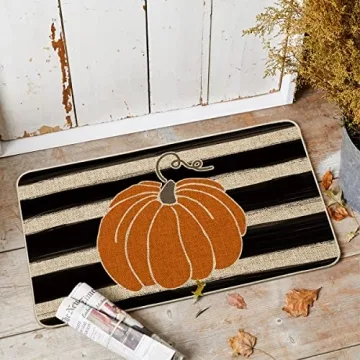Artoid Mode Watercolor Stripes Pumpkin Decorative Doormat, Fall Seasonal Harvest Thanksgiving Vintage Rustic Low-Profile Yard Floor Mat Switch Mat for Indoor Outdoor 17 x 29 Inch