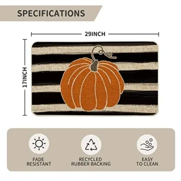 Artoid Mode Watercolor Stripes Pumpkin Decorative Doormat, Fall Seasonal Harvest Thanksgiving Vintage Rustic Low-Profile Yard Floor Mat Switch Mat for Indoor Outdoor 17 x 29 Inch
