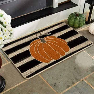 Artoid Mode Watercolor Stripes Pumpkin Decorative Doormat, Fall Seasonal Harvest Thanksgiving Vintage Rustic Low-Profile Yard Floor Mat Switch Mat for Indoor Outdoor 17 x 29 Inch