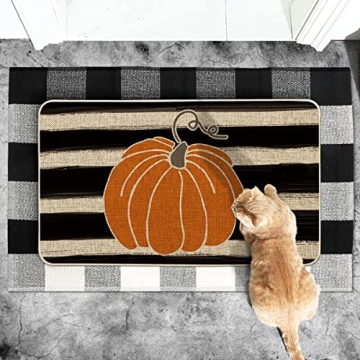 Artoid Mode Watercolor Stripes Pumpkin Decorative Doormat, Fall Seasonal Harvest Thanksgiving Vintage Rustic Low-Profile Yard Floor Mat Switch Mat for Indoor Outdoor 17 x 29 Inch
