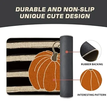 Artoid Mode Watercolor Stripes Pumpkin Decorative Doormat, Fall Seasonal Harvest Thanksgiving Vintage Rustic Low-Profile Yard Floor Mat Switch Mat for Indoor Outdoor 17 x 29 Inch
