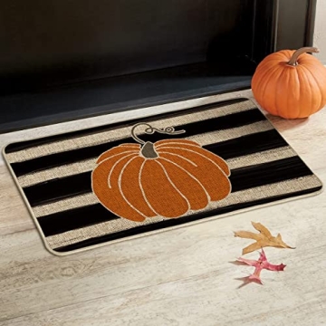 Artoid Mode Watercolor Stripes Pumpkin Decorative Doormat, Fall Seasonal Harvest Thanksgiving Vintage Rustic Low-Profile Yard Floor Mat Switch Mat for Indoor Outdoor 17 x 29 Inch