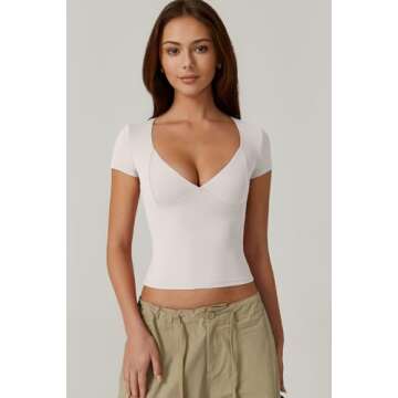 QINSEN Short Sleeve Tee Shirt for Women V Neck Seamed Cups Going Out Tops Splashed White X-Small
