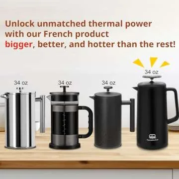 PortableAnd 34oz Double Vacuum Insulation Large Silicone French Press Coffee Maker with Silicone Ring, Stainless Steel, Perfect for Camping, Travel, and At-Home Use (Matte Black)