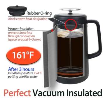PortableAnd 34oz Double Vacuum Insulation Large Silicone French Press Coffee Maker with Silicone Ring, Stainless Steel, Perfect for Camping, Travel, and At-Home Use (Matte Black)