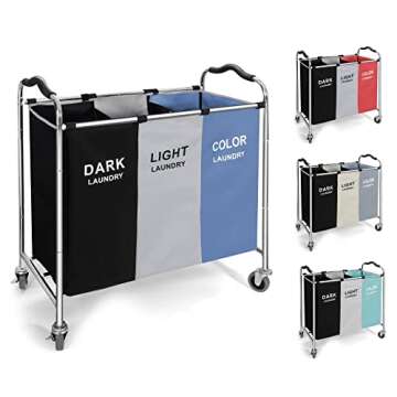 Laundry Basket, Large Laundry Hamper with Wheels, 3 Section Laundry Bag Organizer for Dirty Clothes;...