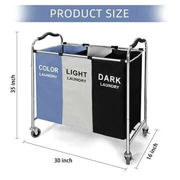 Laundry Basket, Large Laundry Hamper with Wheels, 3 Section Laundry Bag Organizer for Dirty Clothes; Dorm Room Essentials, Towel & Toys Storage Laundry Cart in Laundry Room Organization -BLUE