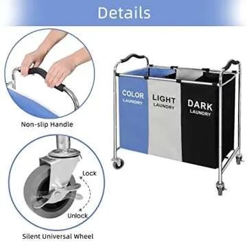 Laundry Basket, Large Laundry Hamper with Wheels, 3 Section Laundry Bag Organizer for Dirty Clothes; Dorm Room Essentials, Towel & Toys Storage Laundry Cart in Laundry Room Organization -BLUE