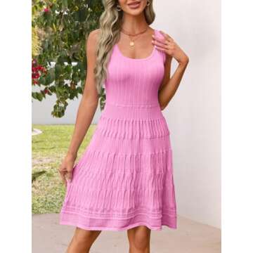 MEROKEETY Women's Summer Sleeveless Mini Dress 2025 Casual Crewneck Crochet A Line Flowy Tank Sundress, Pink, Medium