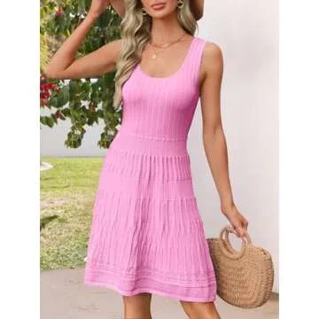 MEROKEETY Women's Summer Sleeveless Mini Dress 2025 Casual Crewneck Crochet A Line Flowy Tank Sundress, Pink, Medium