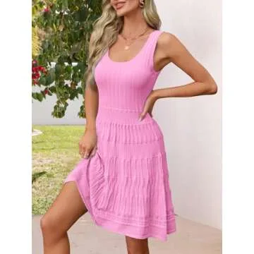MEROKEETY Women's Summer Sleeveless Mini Dress 2025 Casual Crewneck Crochet A Line Flowy Tank Sundress, Pink, Medium