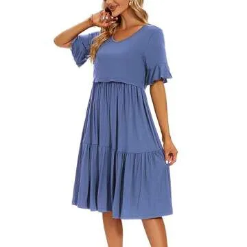Smallshow Women's Maternity Nursing Dress Ruffle Short Sleeve Breastfeeding Clothes Medium Grey Blue