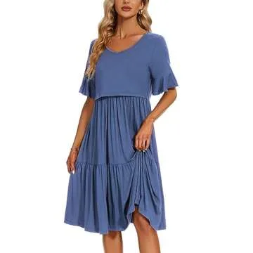 Smallshow Women's Maternity Nursing Dress Ruffle Short Sleeve Breastfeeding Clothes Medium Grey Blue