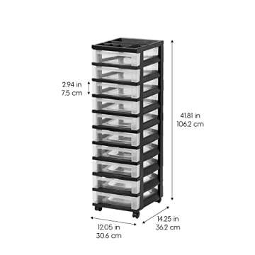 IRIS USA Plastic Drawer Storage Organizer Rolling Cart with Wheels Casters 10-Drawers for Classroom Art Craft Supplies Dresser Closet Bathroom Dorm Bedroom Laundry Room Black/Clear