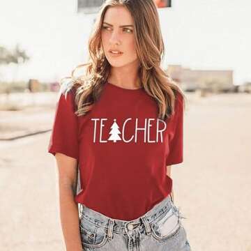 BANGELY Teacher Christmas Shirt Women Cute Tree Graphic Teacher Gift Shirts Short Sleeve Xmas Tops T...